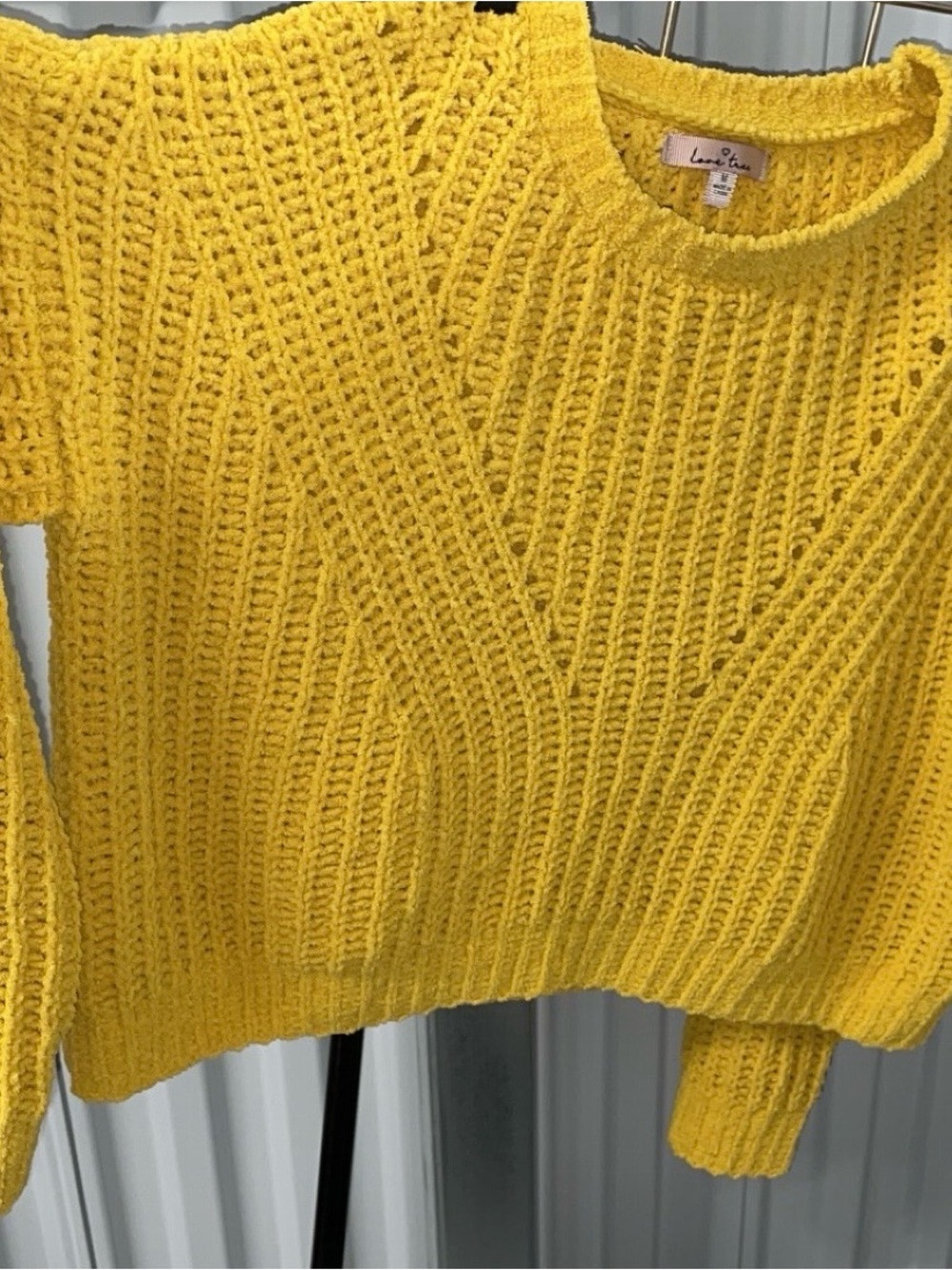 Love Tree Bright Yellow Open-Weave Crewneck Sweater